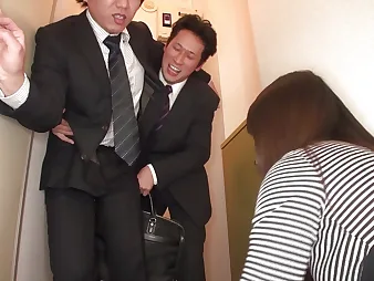Japanese MILF old bag with big tits gives her coworker's bloke a creampie to hand dinner grow older