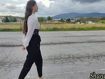 Cute teen with yearn hair and a high heels gets a wet and wild alfresco shower
